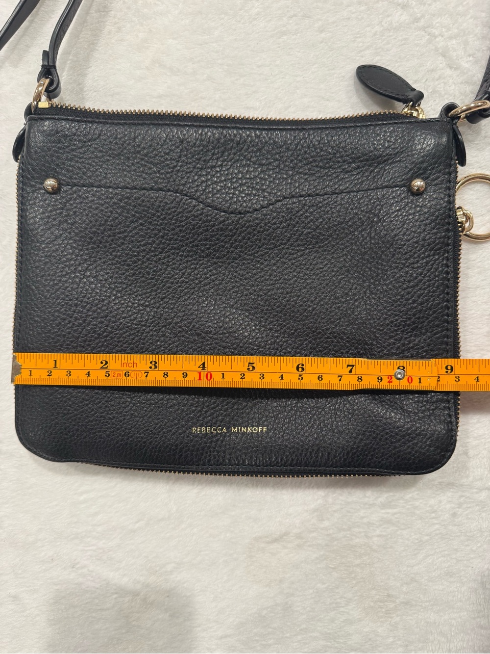 Rebecca Minkoff Black Pebbled Leather Crossbody Bag Gold Ring Zip Pull - Picture 8 of 10